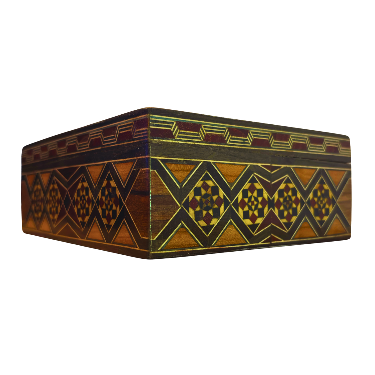 Side view of the Storied Mosaic Box highlighting its inlaid wood edges