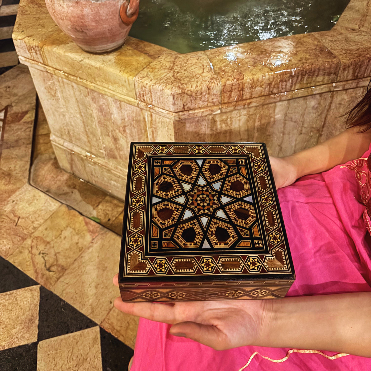 Venerable Mosaic Box closed, showing its walnut and mother-of-pearl mosaic lid