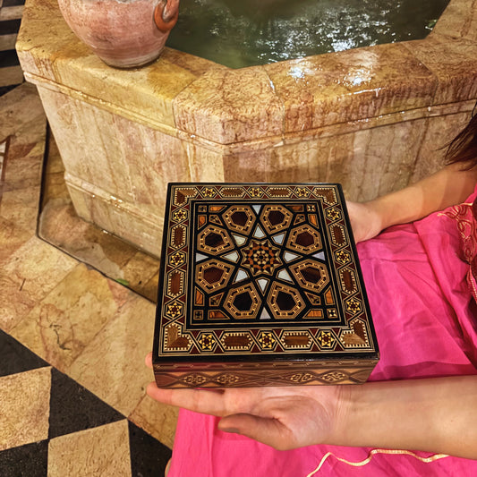 Venerable Mosaic Box closed, showing its walnut and mother-of-pearl mosaic lid