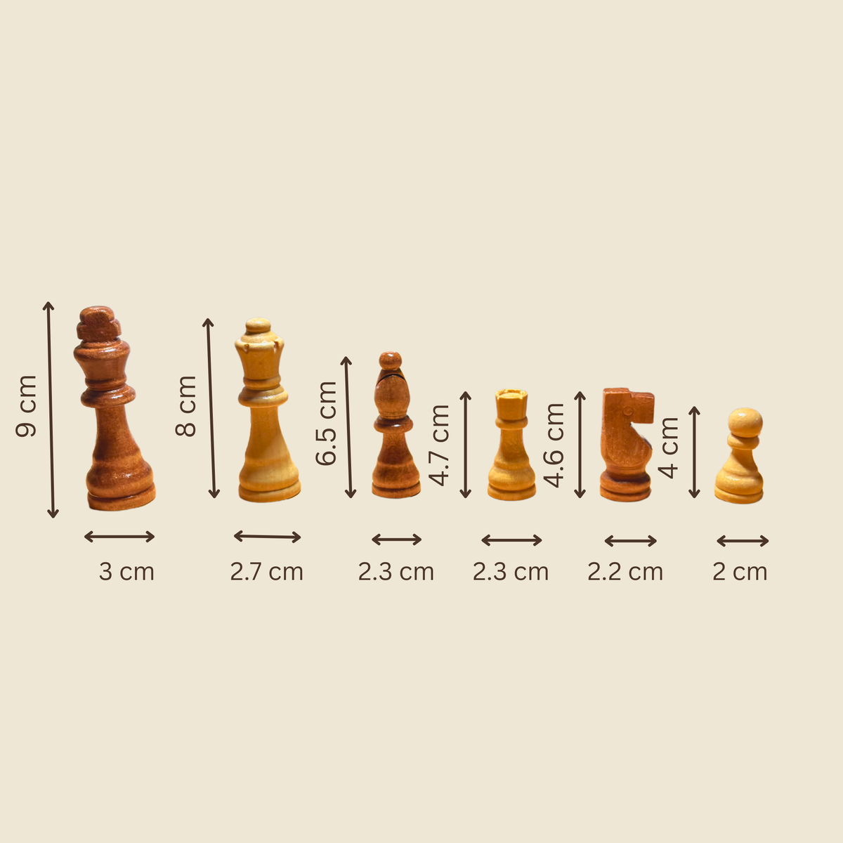 Dimensions diagram of the wooden chess pieces included with the set