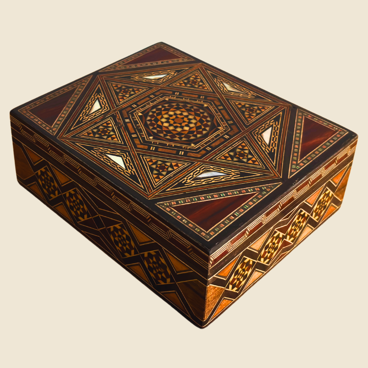 Storied Mosaic Box, a compact Damascene wood mosaic jewelry box with mother-of-pearl inlay