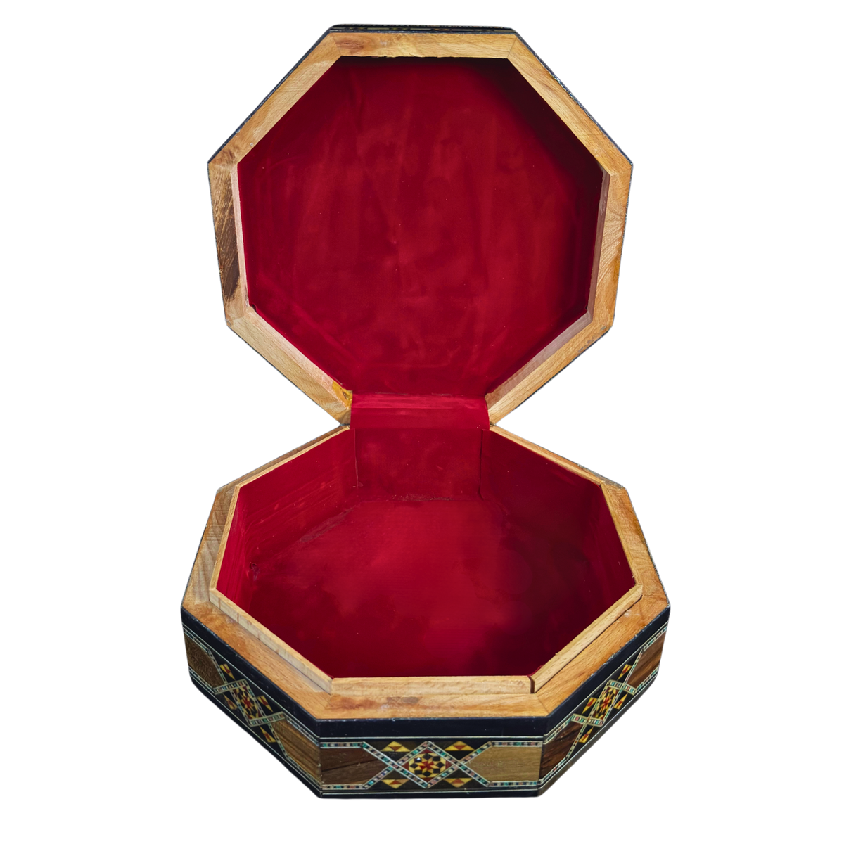 Generations Mosaic Box open, showing the wine-red velvet lined interior