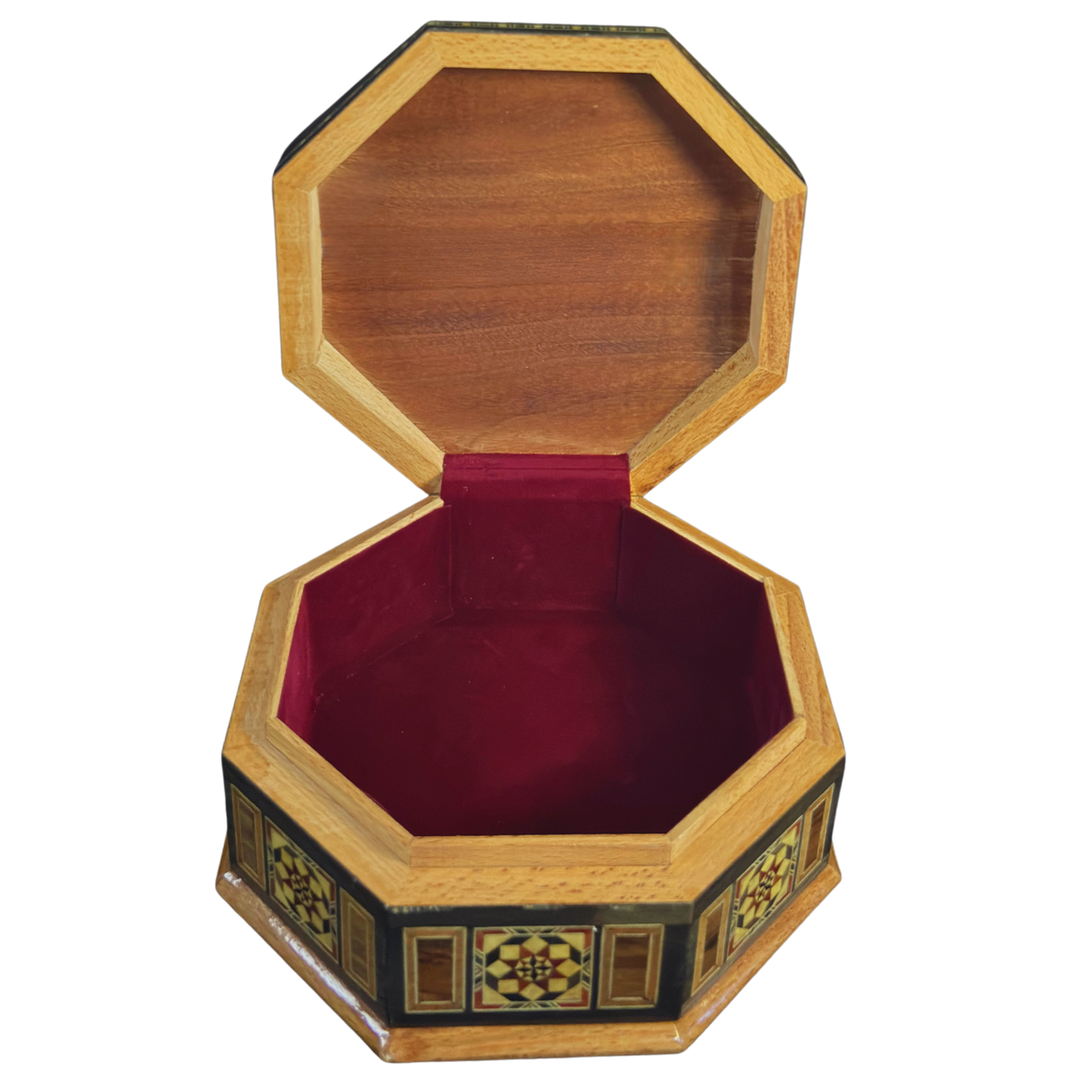 Craftsman Mosaic Box open, showing the wine-red velvet lined interior