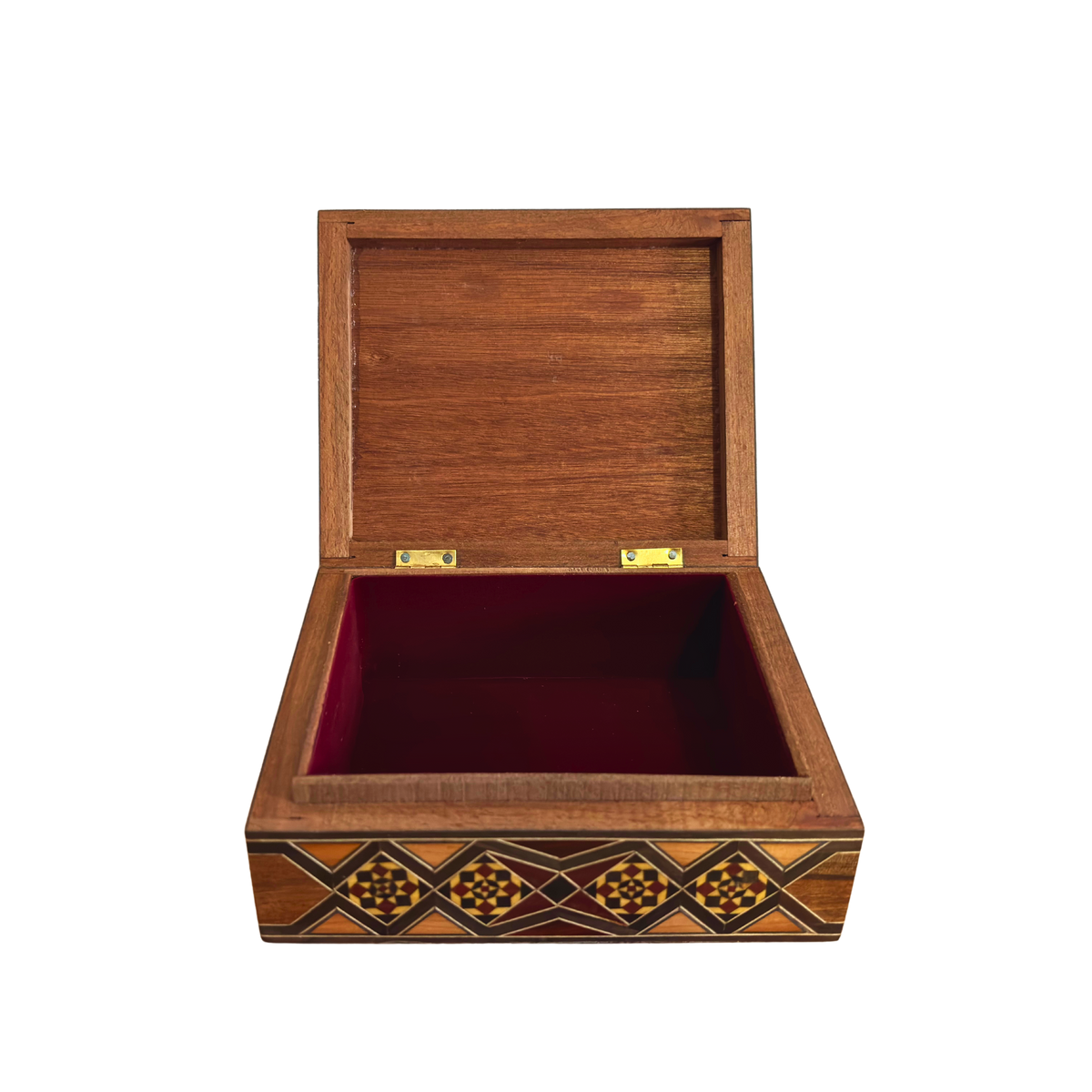 Angled view of the Storied Mosaic Box showing its handcrafted wood mosaic pattern