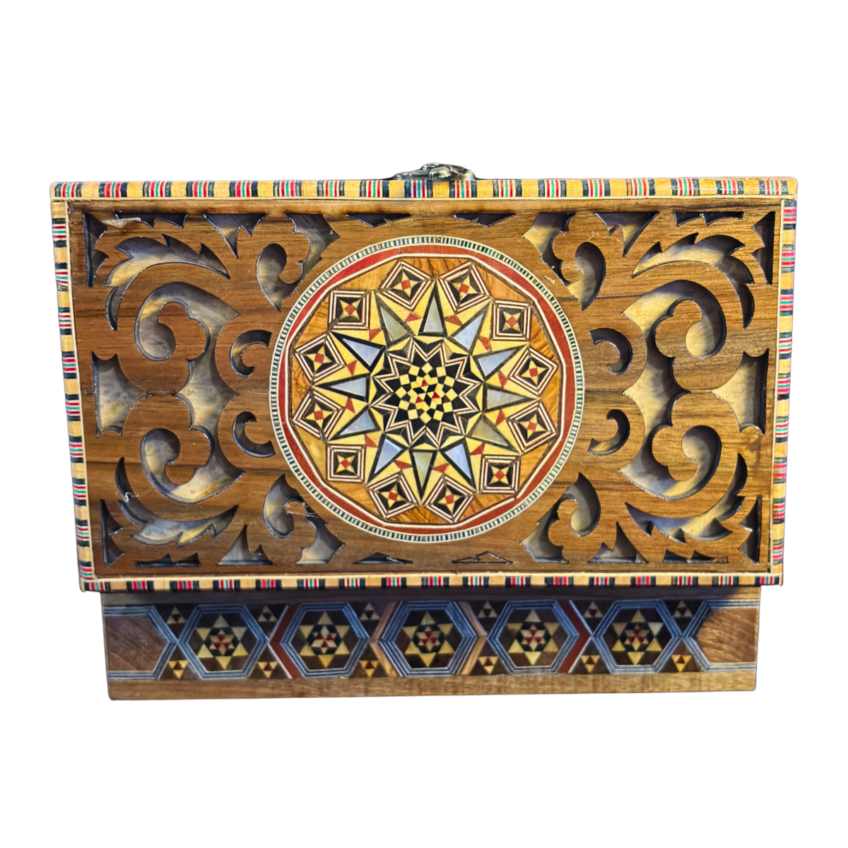 Seitenansicht der Erbstück-Mosaikbox mit dem Kontrast zwischen Mosaik und Schnitzerei