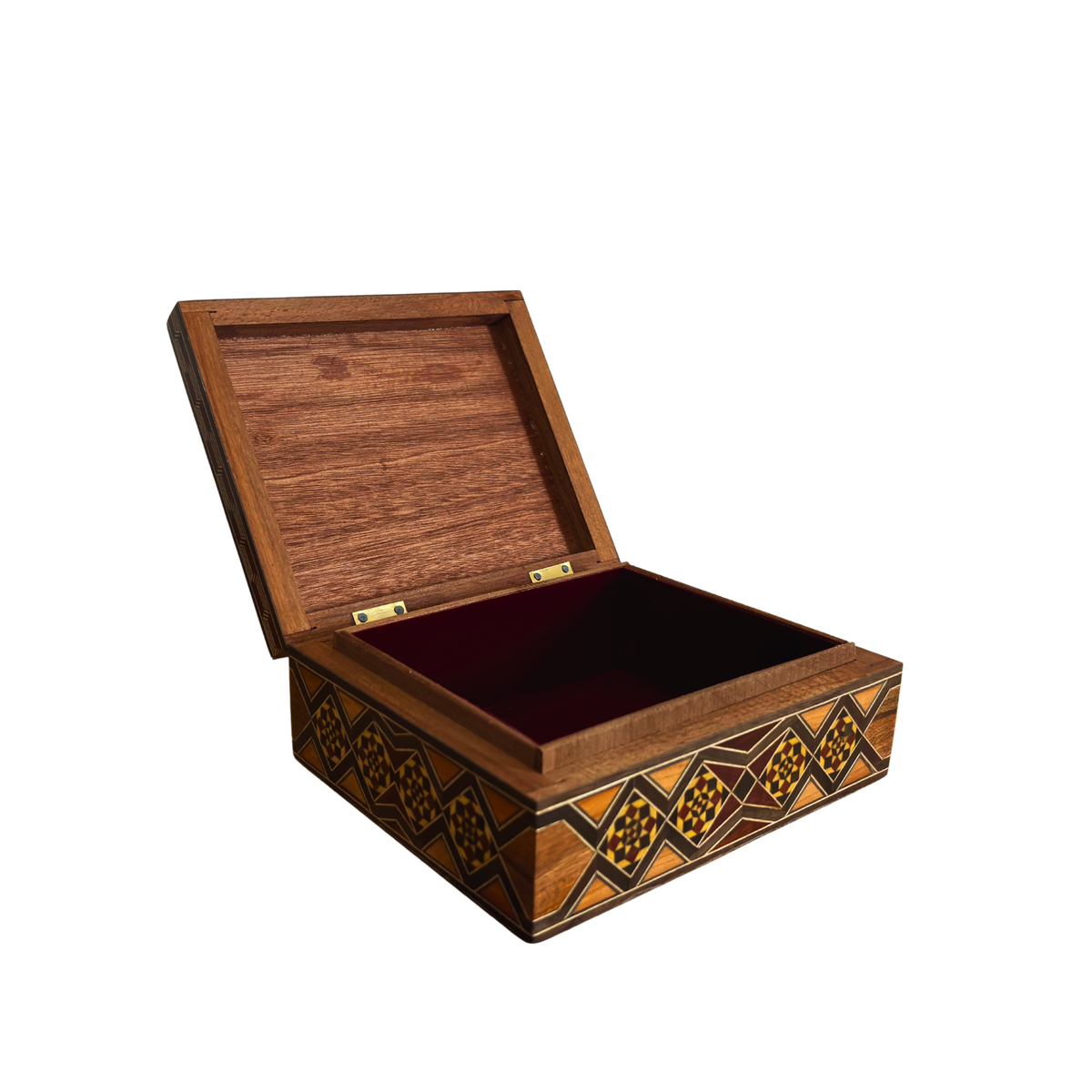 Storied Mosaic Box open, revealing its wine-red velvet lined interior