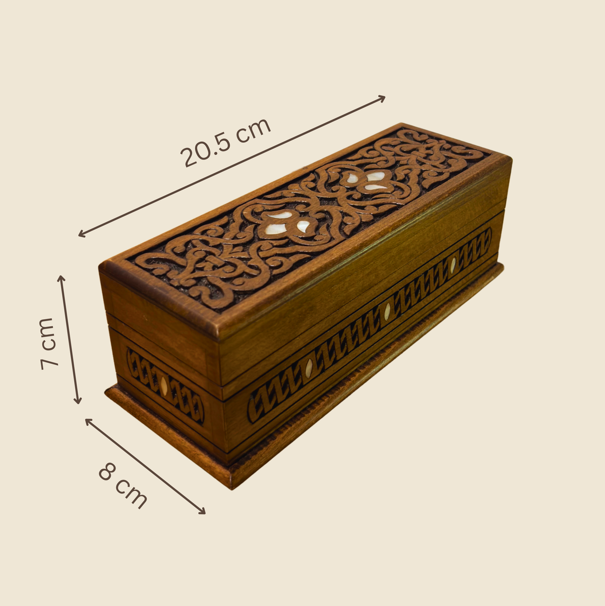 Схема размеров дамасской шкатулки Regal, 20,5 x 8 x 7 см