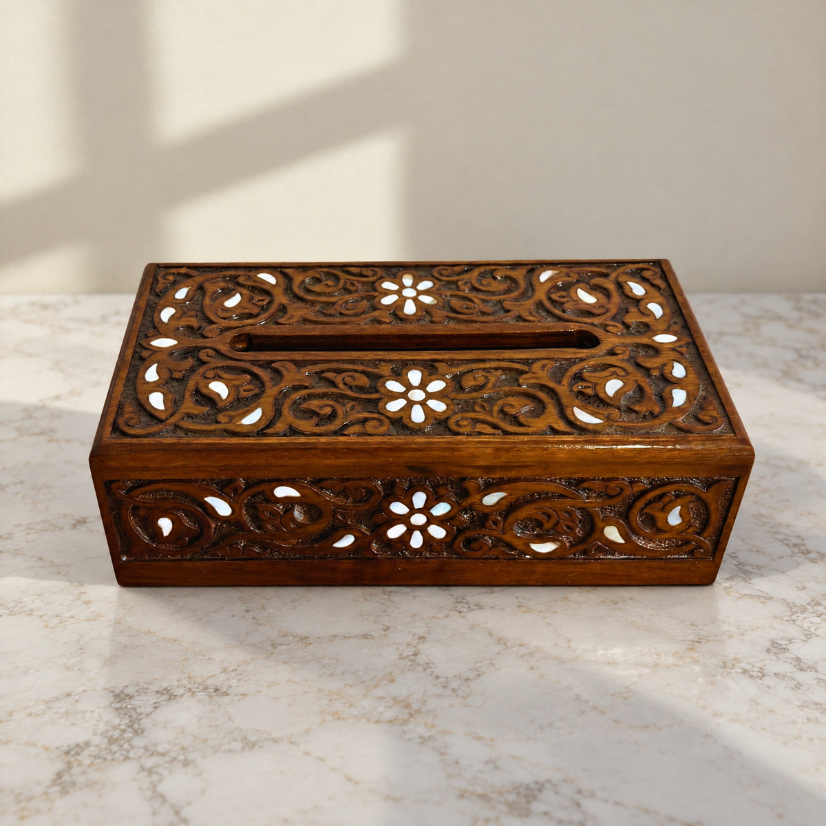 Rosewater Carved Tissue Box, closed, on marble