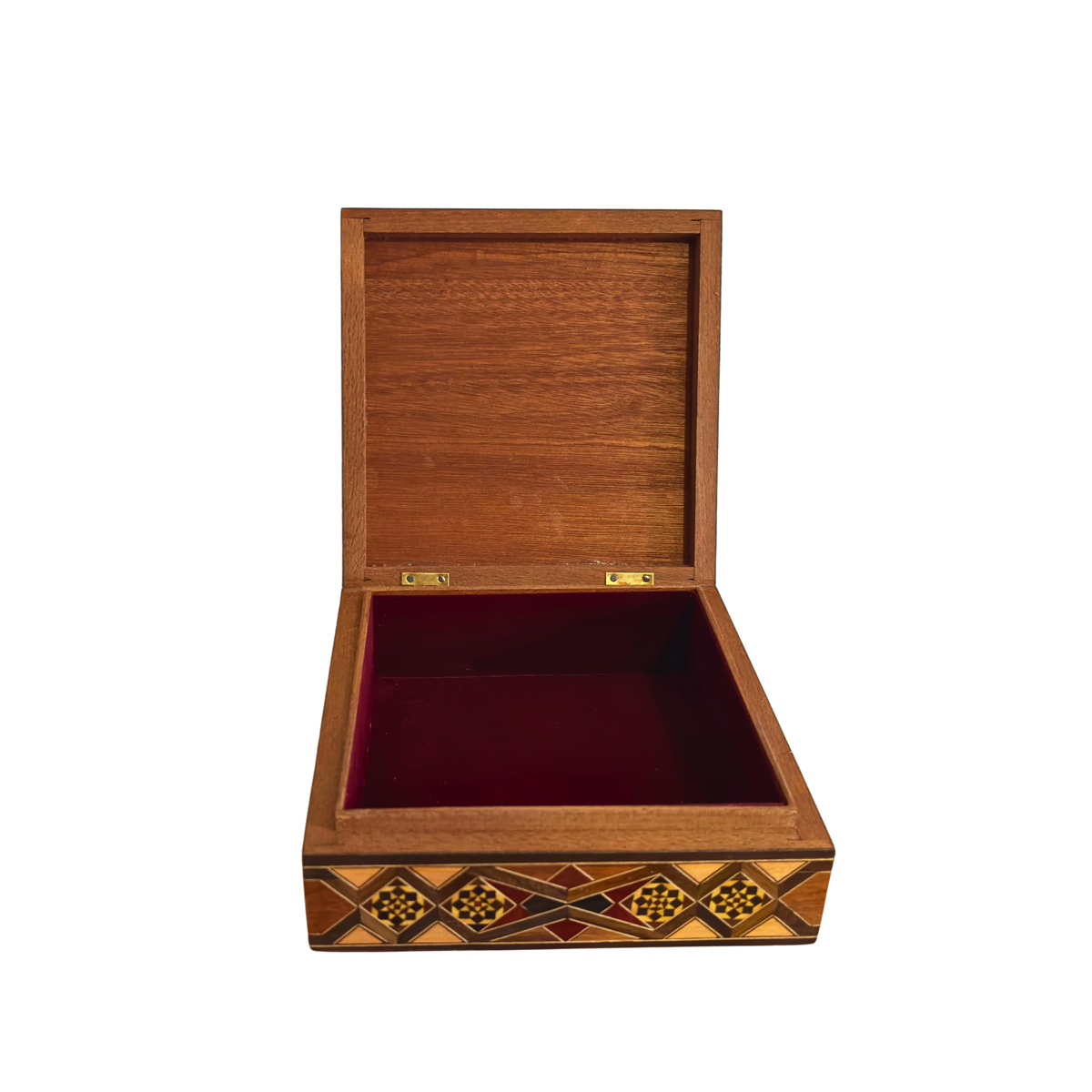 Angled view of the Venerable Mosaic Box showing its handcrafted wood mosaic pattern
