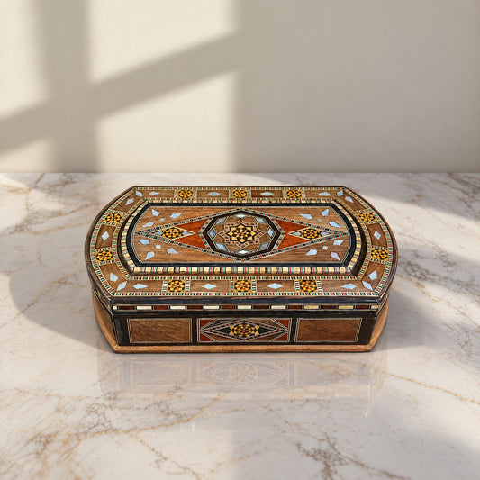 Damask Rose Mosaic Box on a white marble table in warm window light