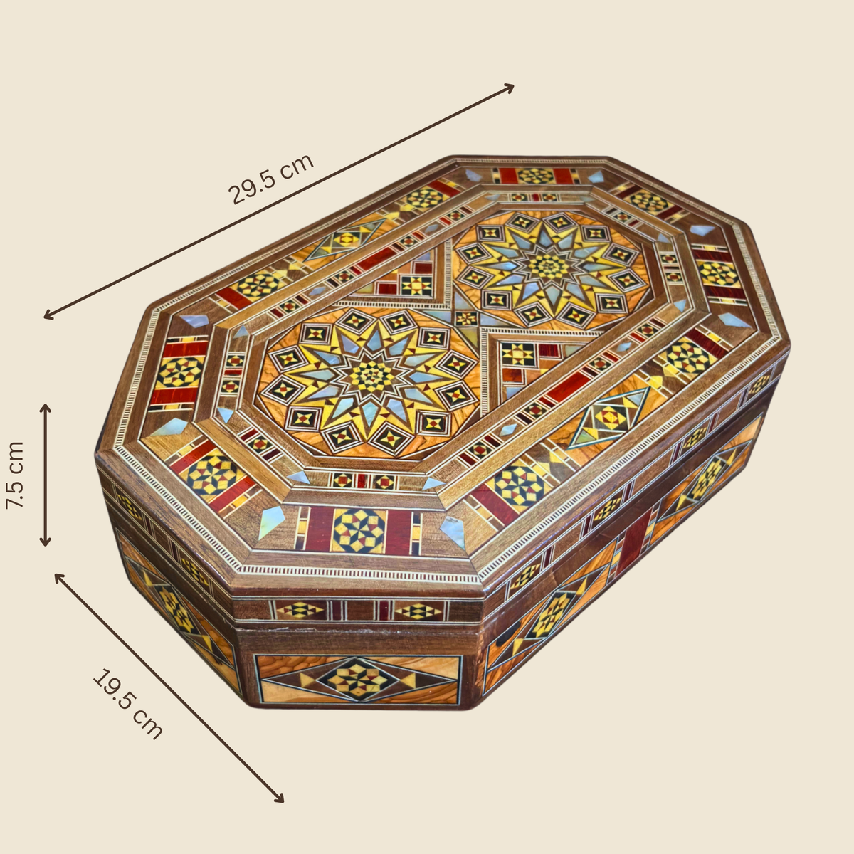 Dimensions diagram of the Artisan Mosaic Chest showing size measurements