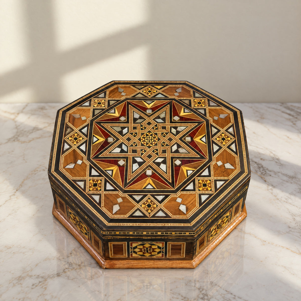 Craftsman Mosaic Box on a white marble table in warm window light