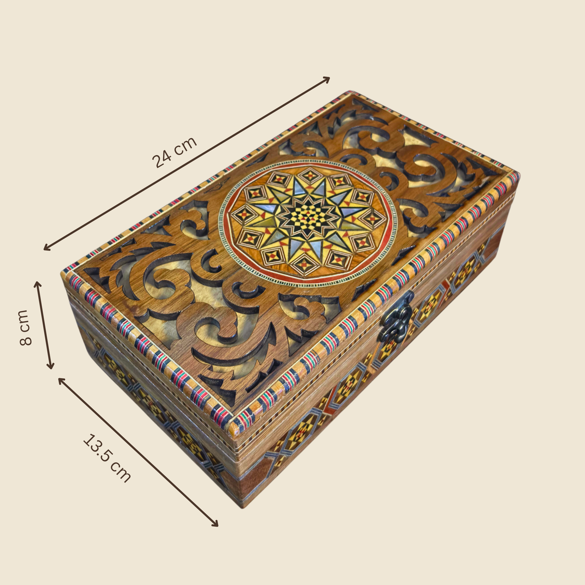 Maßzeichnung der Erbstück-Mosaikbox, 23,7 x 13,5 x 8 cm