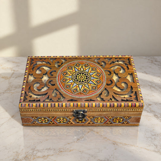 Heirloom Mosaic Box on a white marble table in warm window light