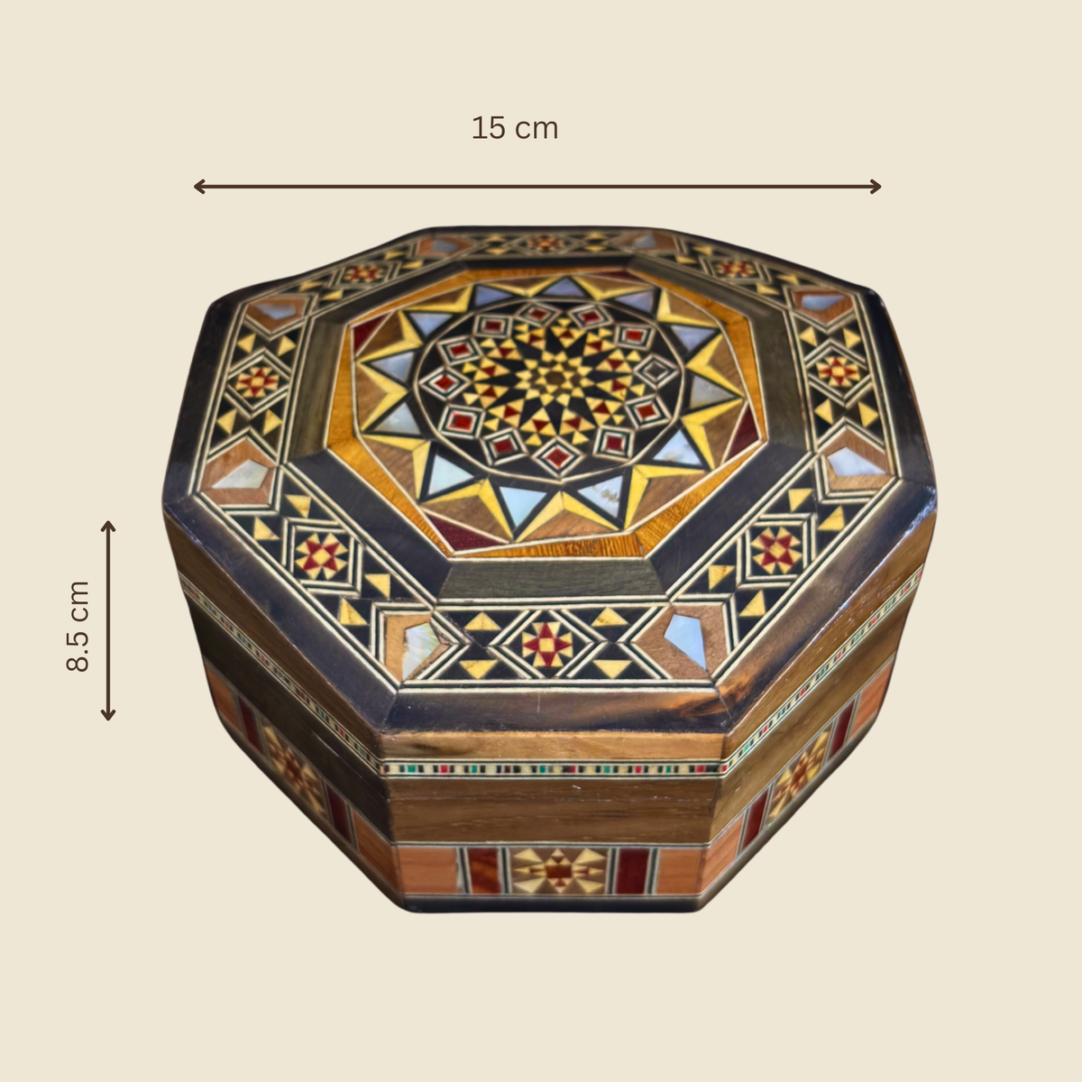 Схема размеров Сияющей мозаичной шкатулки, 15 x 15 x 8,5 см