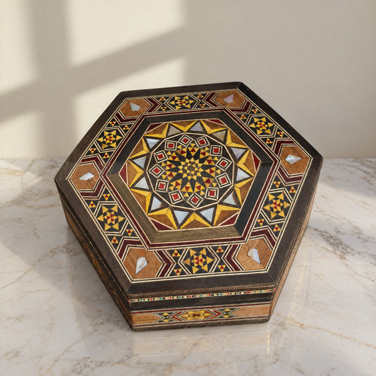 Timeless Mosaic Box on a white marble table in warm window light