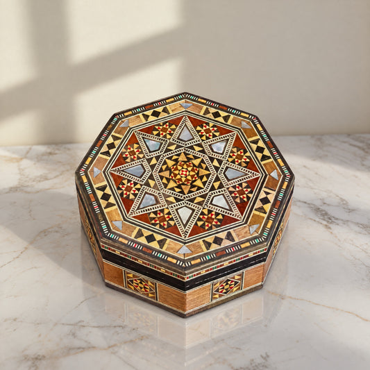 Damascene Trinket Box on a white marble table in warm window light