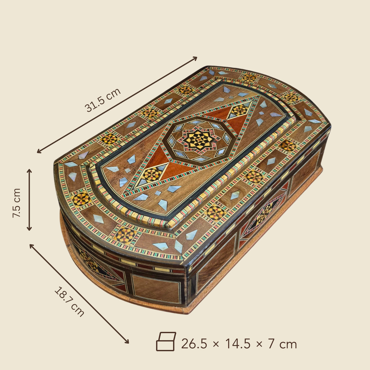 Dimensions of the Damask Rose Mosaic Box: 31.5 x 18.7 x 7.5 cm outside, 26.5 x 14.5 x 7 cm inside