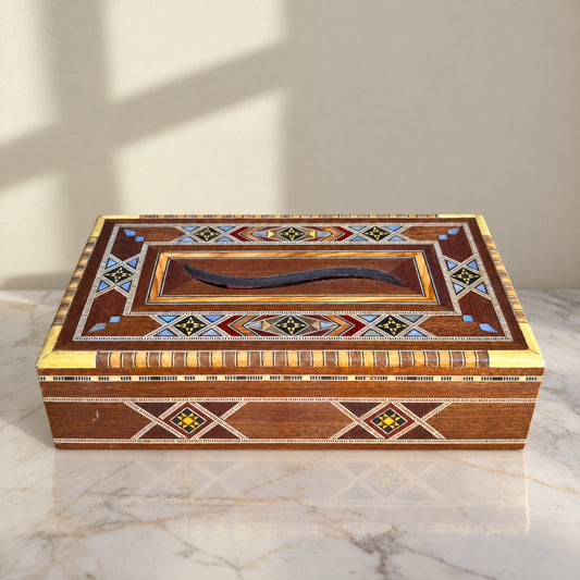 Terra Mosaic Tissue Box on a white marble table in warm window light
