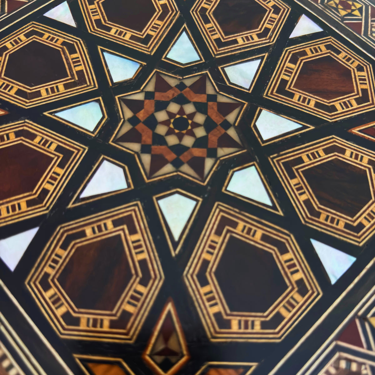 Venerable Mosaic Box open, revealing its wine-red velvet lined interior