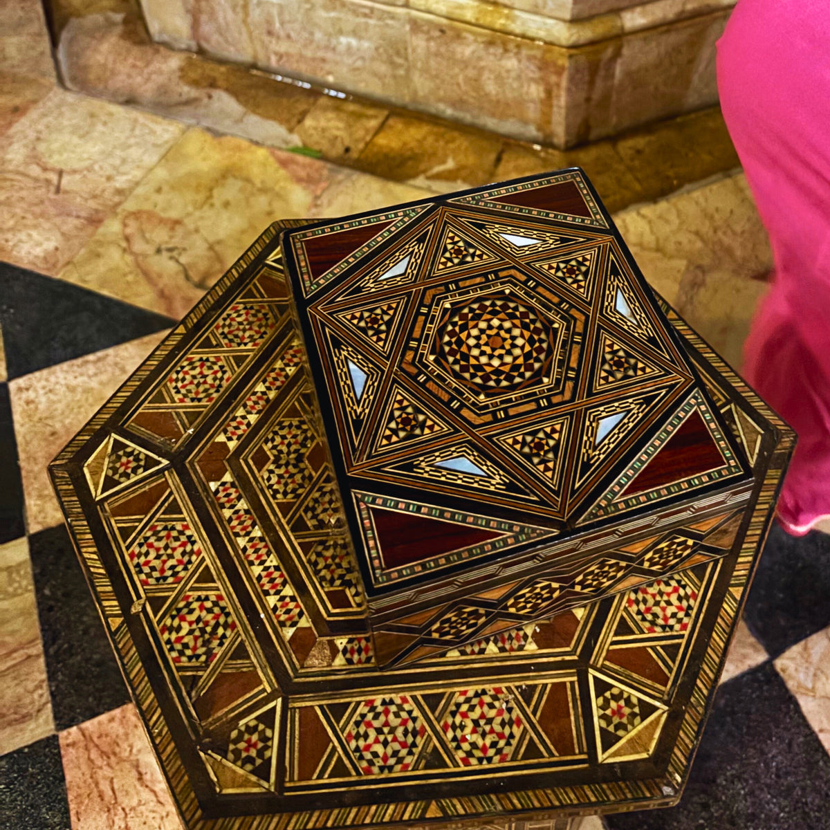 Storied Mosaic Box closed, showing its walnut and mother-of-pearl mosaic lid