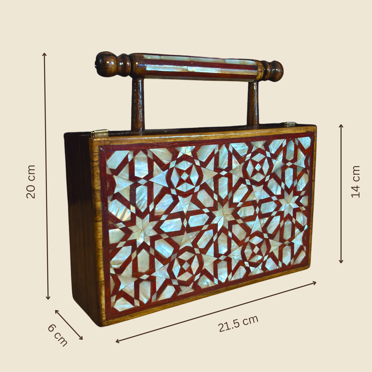 Schéma des dimensions de la Pochette Noyer Rose, 20 x 21,5 x 6 cm avec poignée