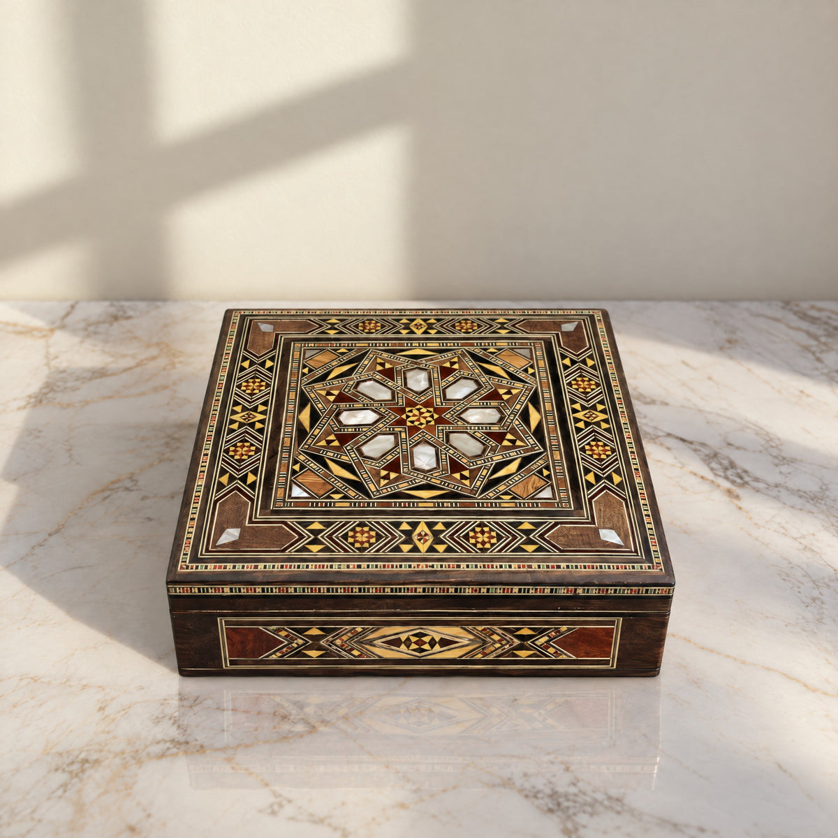 Tranquil Mosaic Box on a white marble table in warm window light