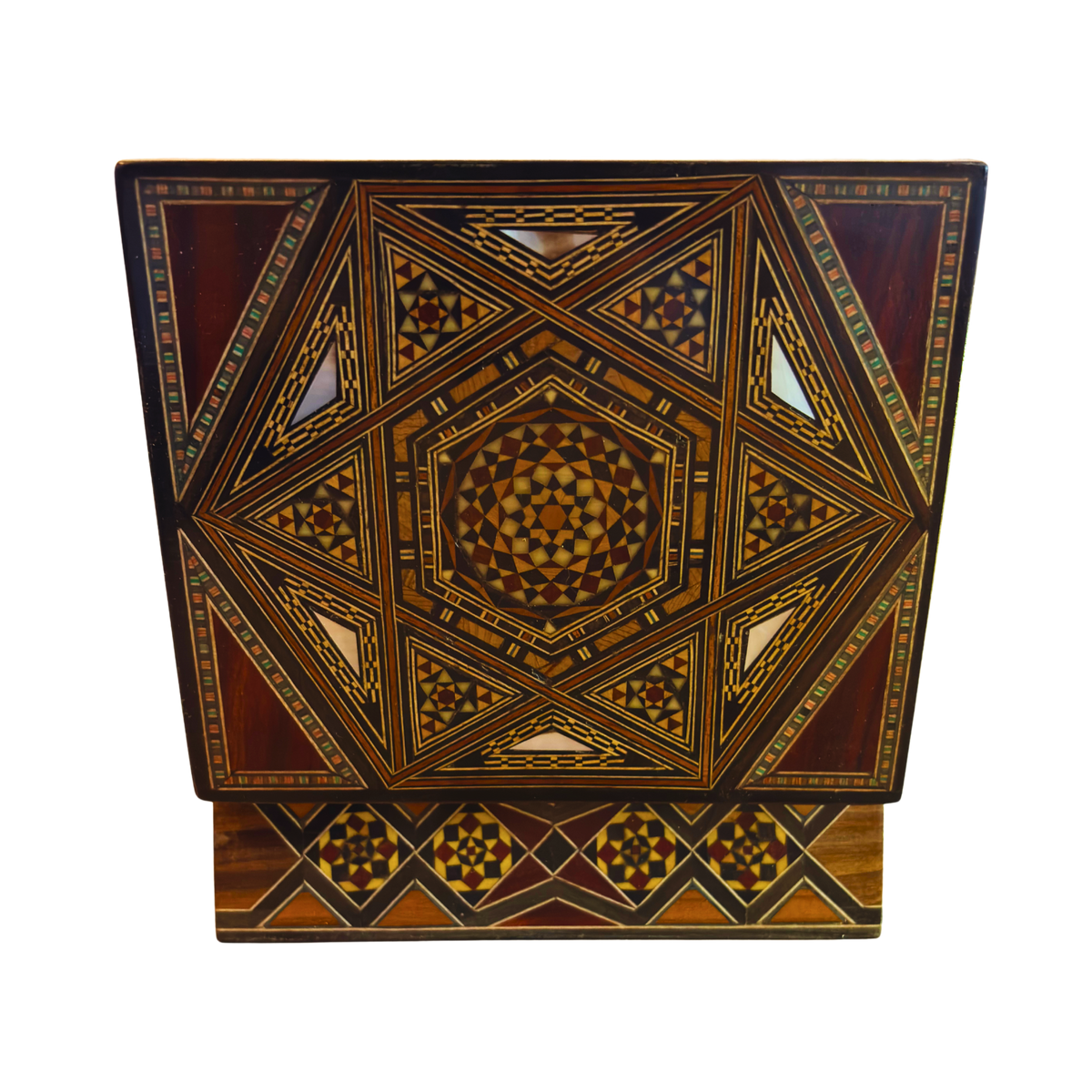 Top-down view of the Storied Mosaic Box displaying its geometric inlay design