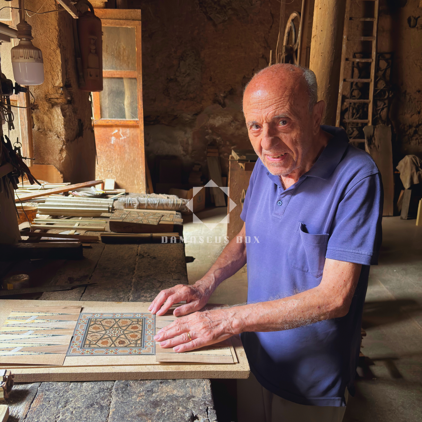 Handcrafted Damascene Mosaic Box by Master Gaby Al Dayeh – Mother of Pearl & Velvet Elegance