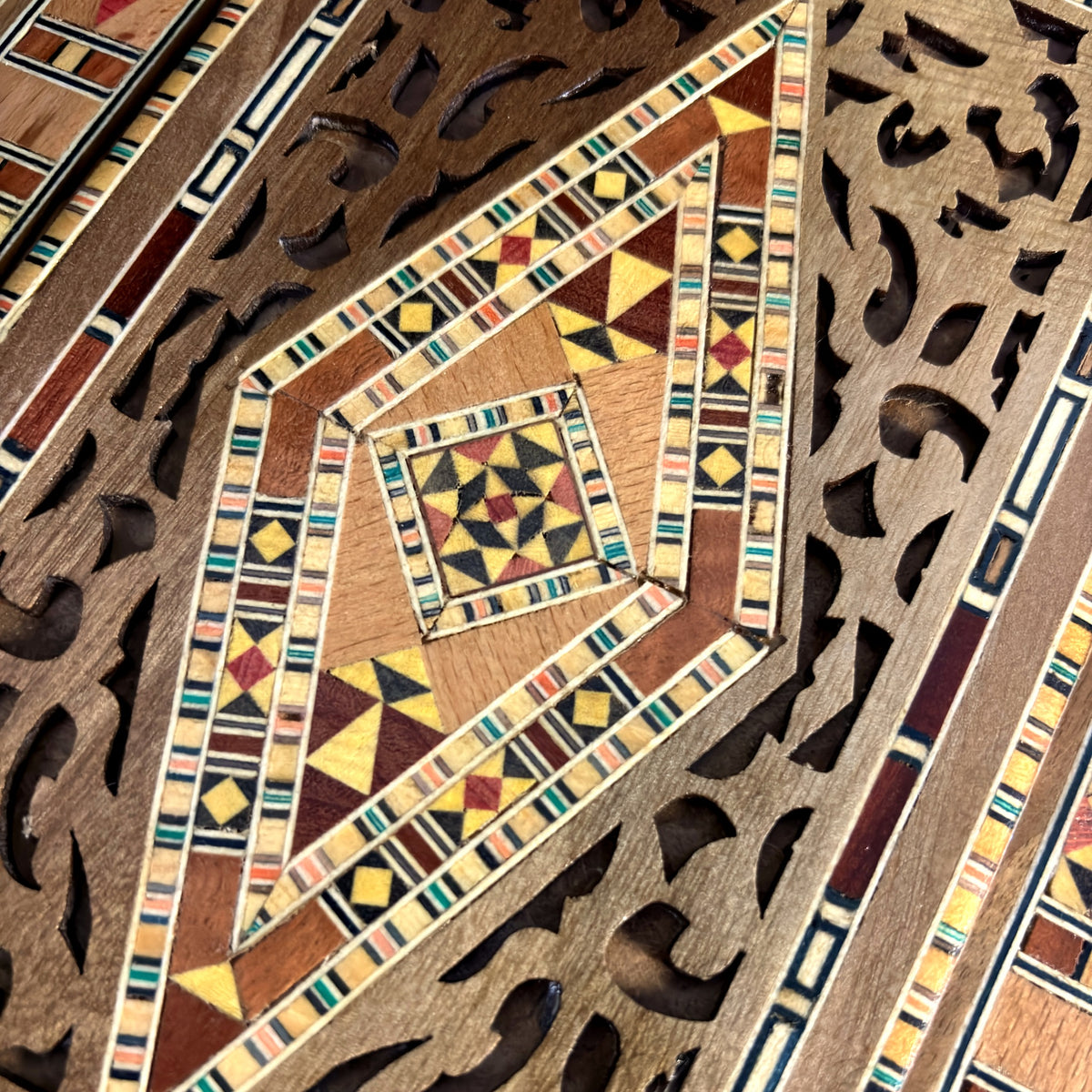 Close-up of the pierced lid and mosaic inlay of the Stately Mosaic Box