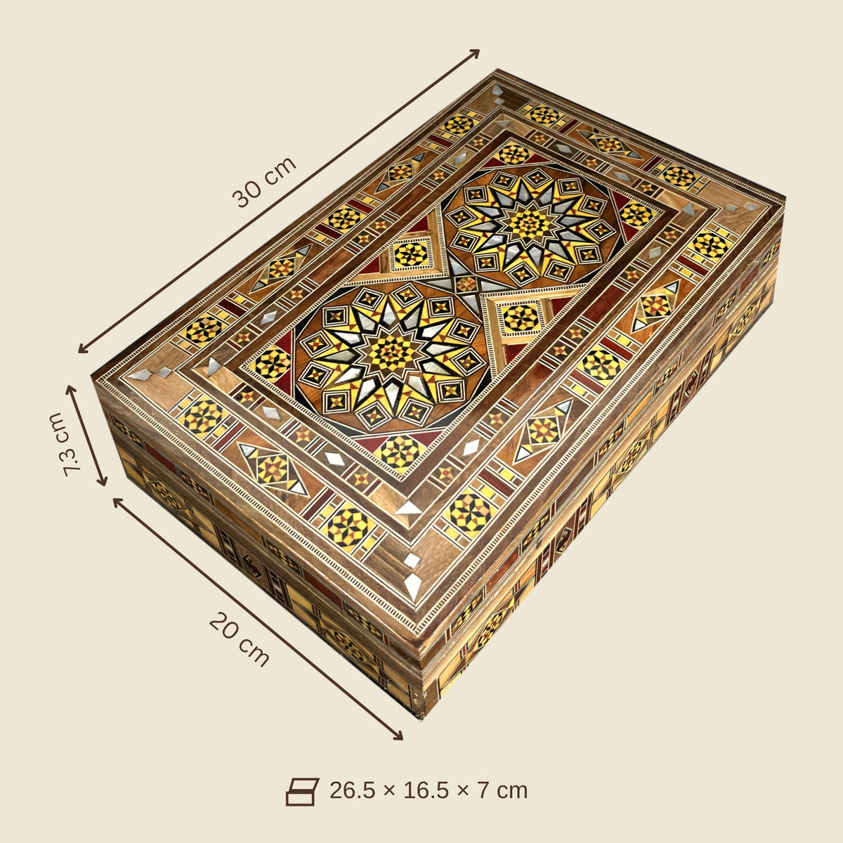 Dimensions of the Majestic Mosaic Box: 30 x 20 x 7.3 cm outside, 26.5 x 16.5 x 7 cm inside