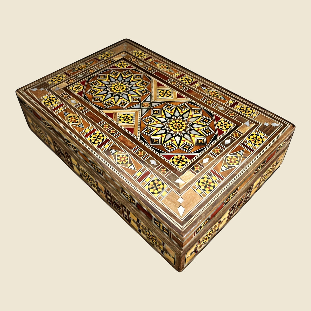 Majestic Mosaic Box, closed, with a geometric mosaic lid and mother-of-pearl inlay