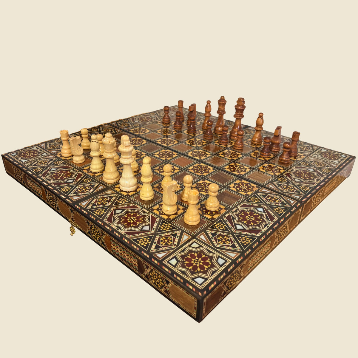 Grandmaster's Chess & Backgammon Set open, with the chess pieces set up on the board