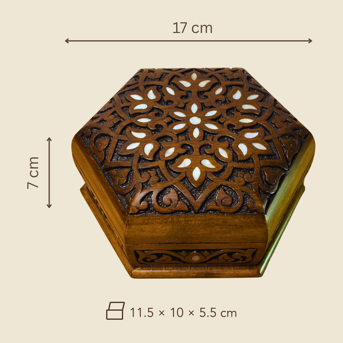 Dimensions of the Distinguished Carved Box: 17 x 17 x 7 cm outside, 11.5 x 10 x 5.5 cm inside