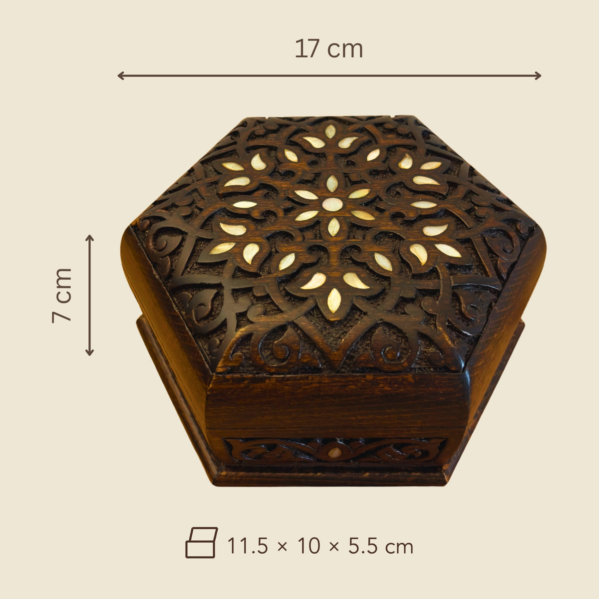 Dimensions of the Orchard Carved Box: 17 x 17 x 7 cm outside, 11.5 x 10 x 5.5 cm inside