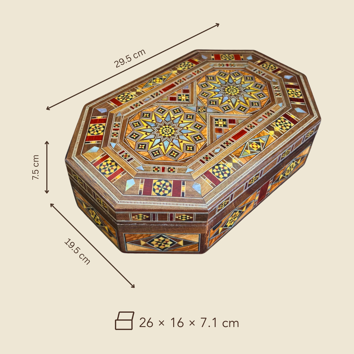 Dimensions of the Artisan Mosaic Box: 29.5 x 19.5 x 7.5 cm outside, 26 x 16 x 7.1 cm inside
