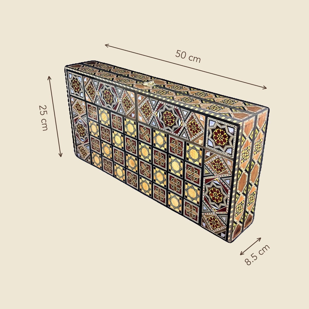 Sultan's Damascene chess and backgammon set closed, dimensions 50 by 25 by 8.5 cm