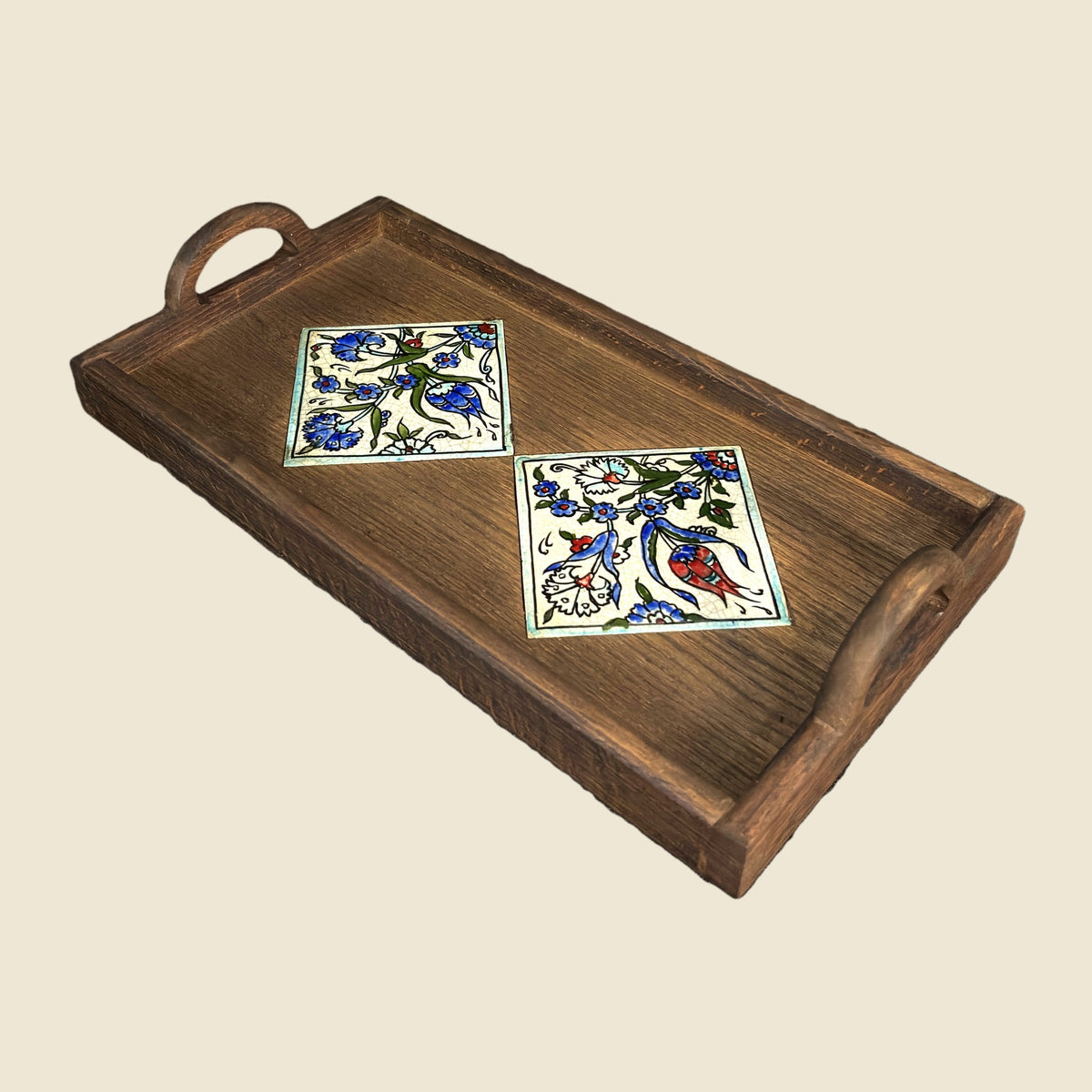 Jasmine Qishani Damascene tray in walnut wood with two hand-painted ceramic tiles and two handles