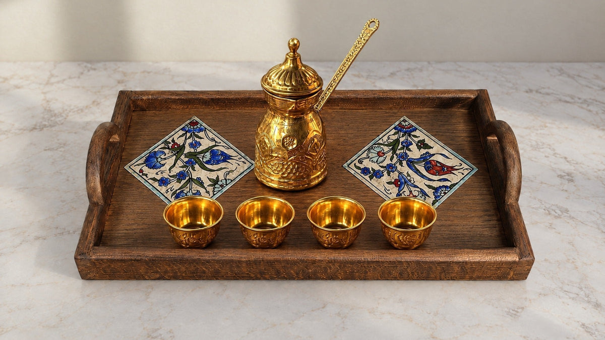 Jasmine Qishani tray on marble with a brass coffee pot and four gold cups
