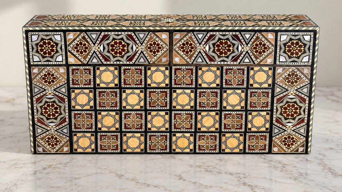 Sultan's Damascene chess and backgammon set, closed case, on marble