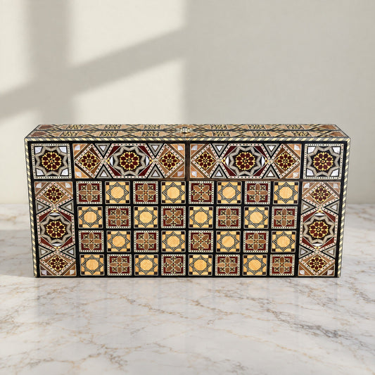 Sultan's Damascene chess and backgammon set, closed case, on marble