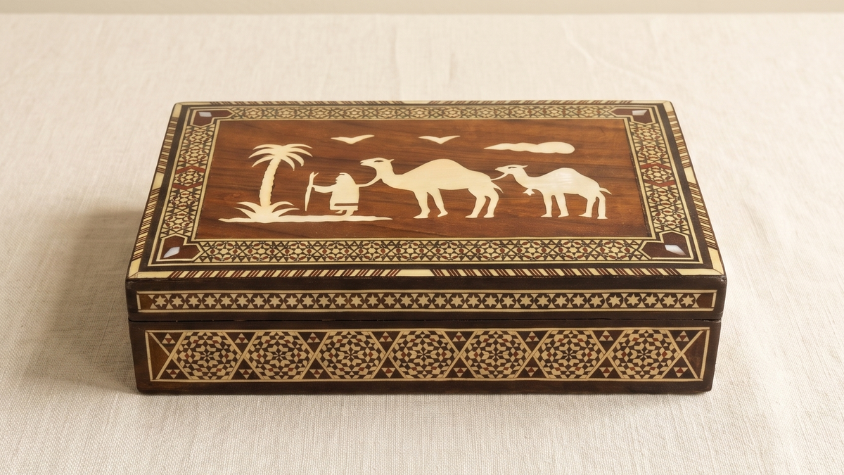 Antique Damascene inlaid box with a camel caravan and palm tree design, on cream linen