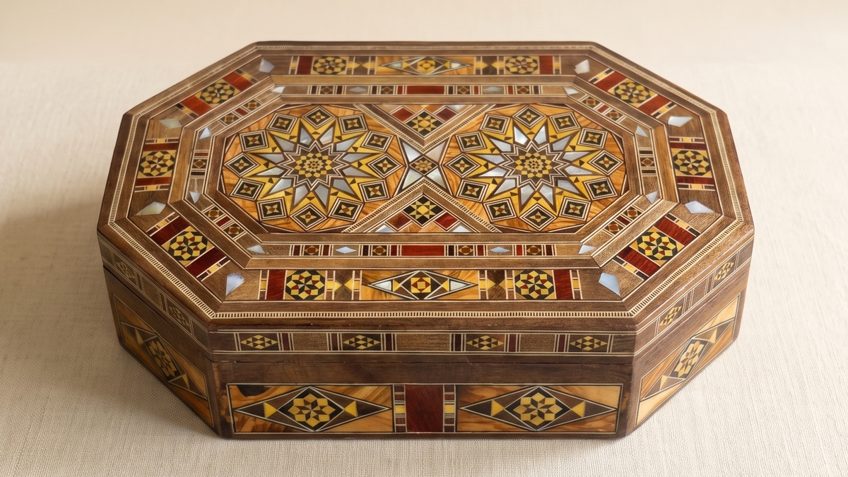 Octagonal Damascene mosaic box with two inlaid stars, on cream linen