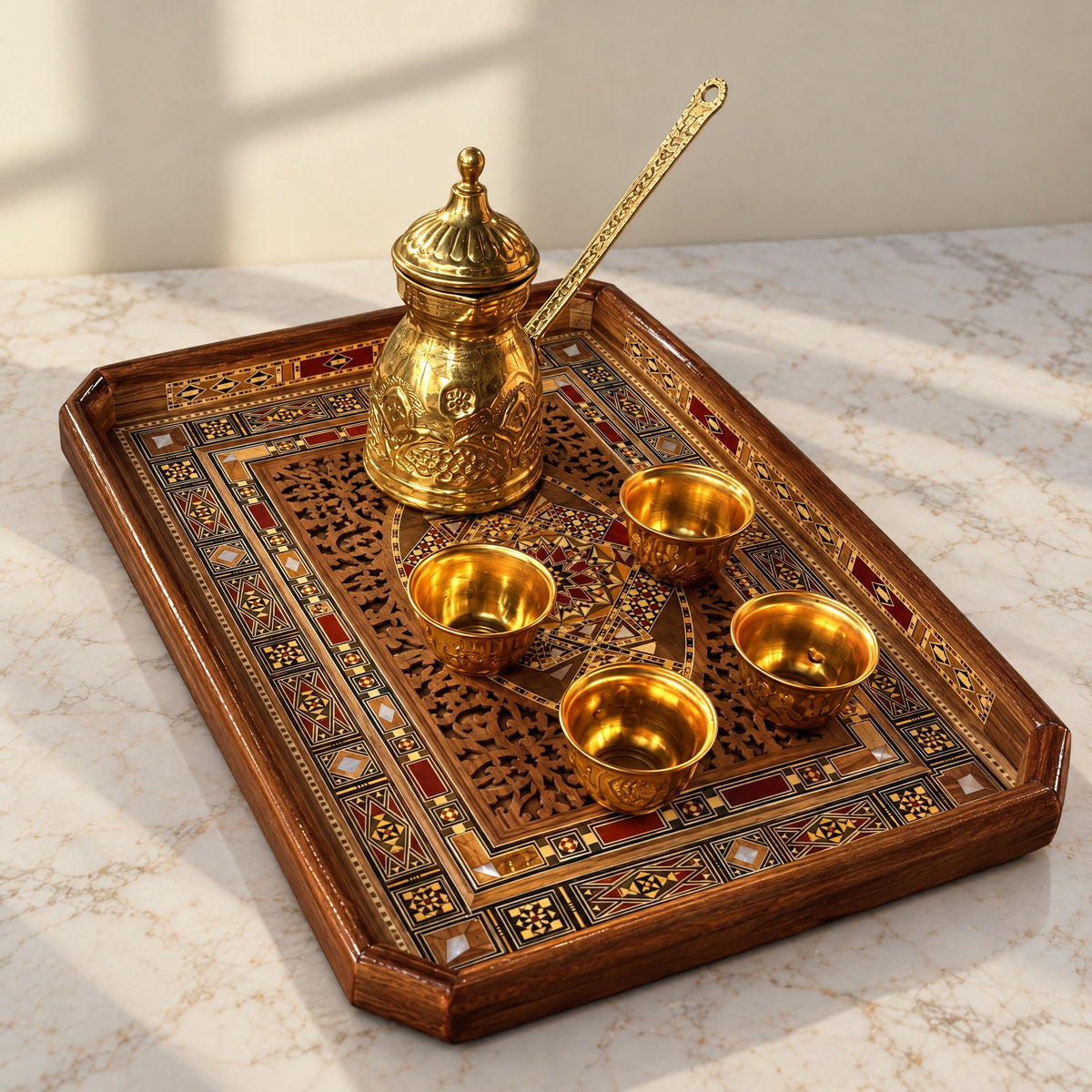 Sultana Tray on marble with a brass coffee pot and four gold cups
