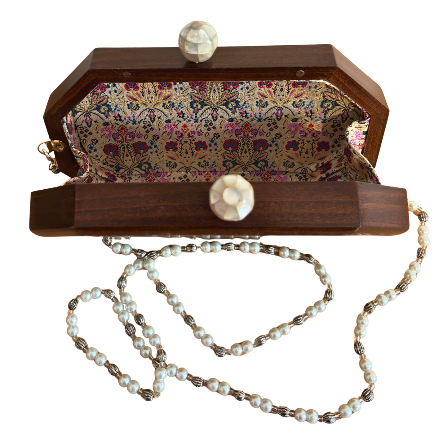 Jouri – Clutch Damascena di Lusso con Madreperla Floreale & Catena di Perle