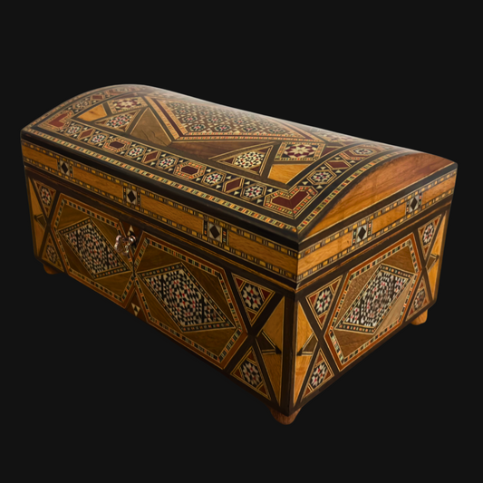 Vintage Damascene Mosaic Jewelry Box – 1970 Handcrafted Multilevel Design with Lock & Key