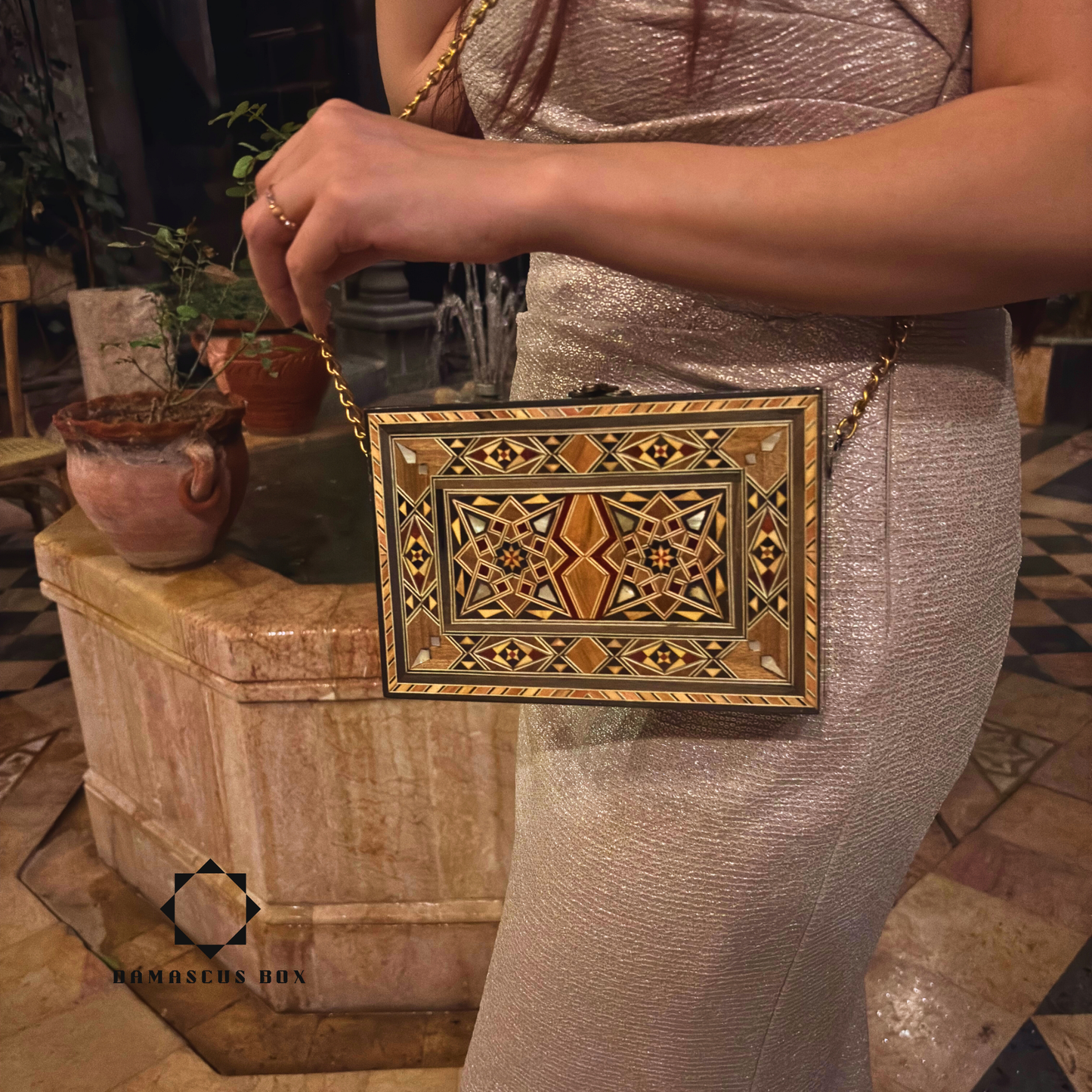Luxury Damascene Mosaic Handbag – Handcrafted with Mother of Pearl & Velvet Elegance