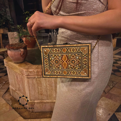 Luxury Damascene Mosaic Handbag – Handcrafted with Mother of Pearl & Velvet Elegance