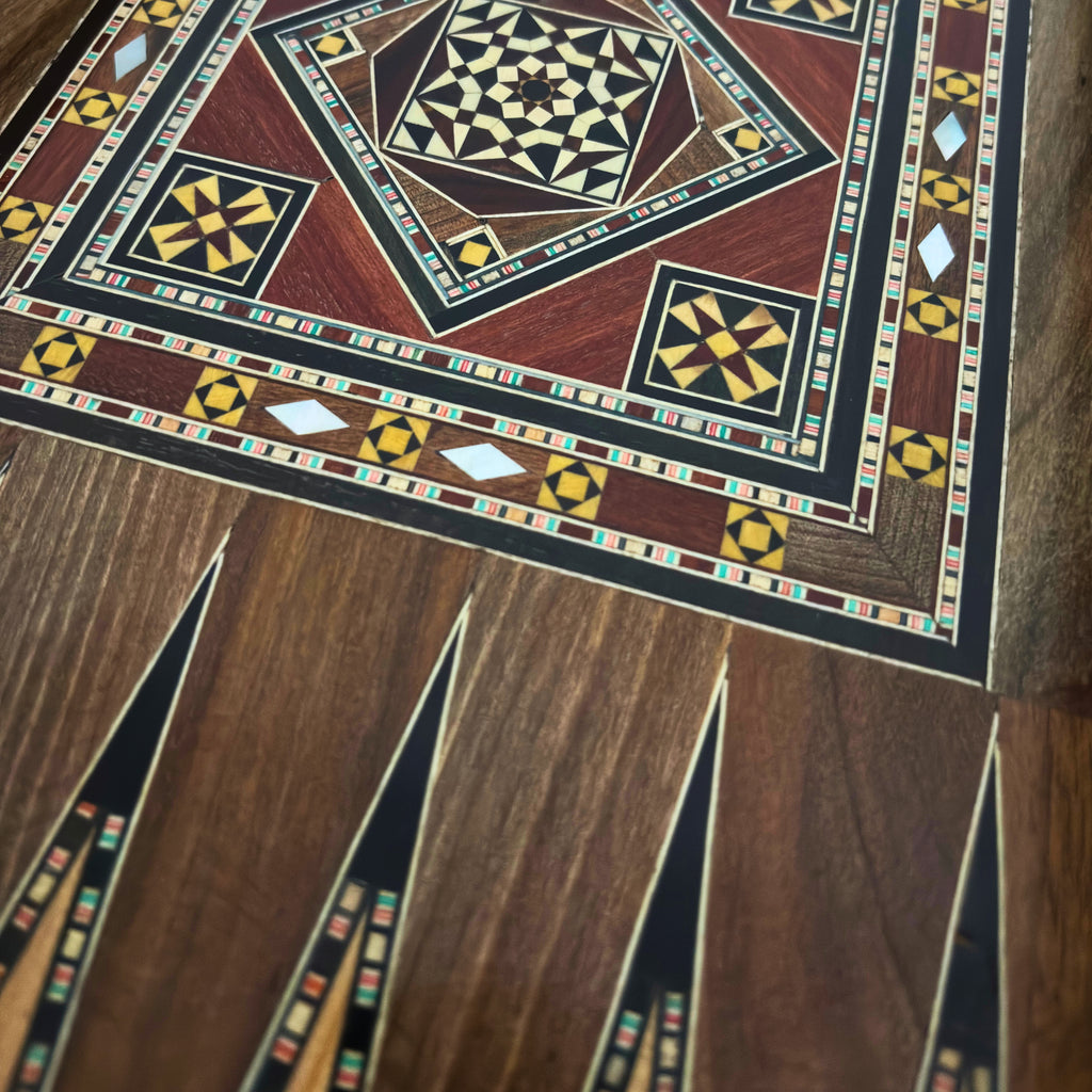 Close-up of the mosaic star and mother-of-pearl inside the backgammon board of the Grandmaster's Chess & Backgammon Set