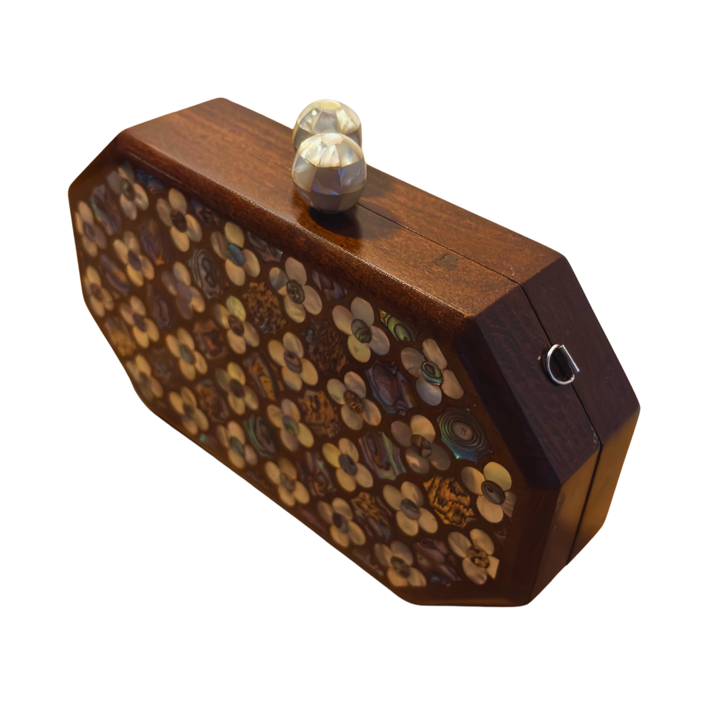 Jouri – Clutch Damascena di Lusso con Madreperla Floreale & Catena di Perle